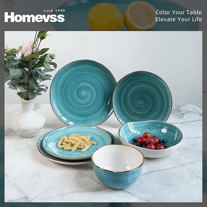 Highland 16-Piece Dinnerware Set Service for 4, Organic Shape Stoneware Plates and Bowls Set, Scratch Resistant, Microwave and Dishwasher Safe, Speckled Effect Handcrafted, Swirl Turquoise