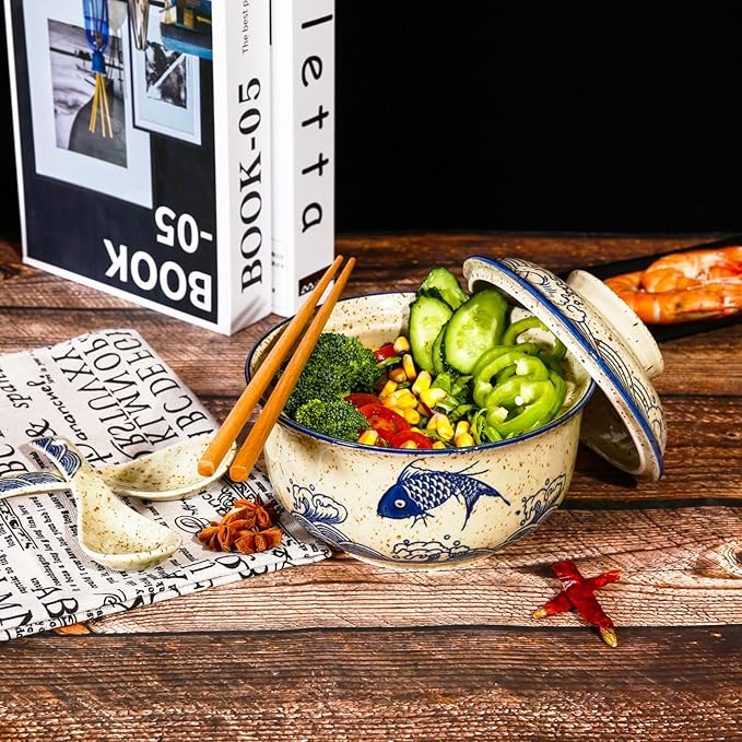 Ceramic Ramen Bowl Set, 800ml, with Lid, Spoon and Chopsticks, Japanese Vintage Large Soup Bowls Instant Noodle Bowl Asian Tableware (Fish*2)