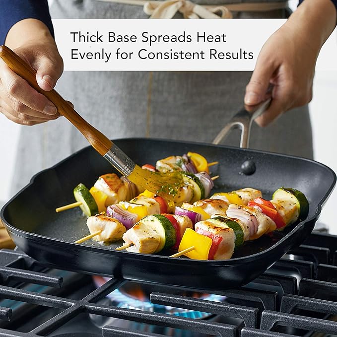 KitchenAid Hard Anodized Induction Nonstick Square Grill Pan/Griddle with Pouring Spouts, 11.25 Inch, Matte Black