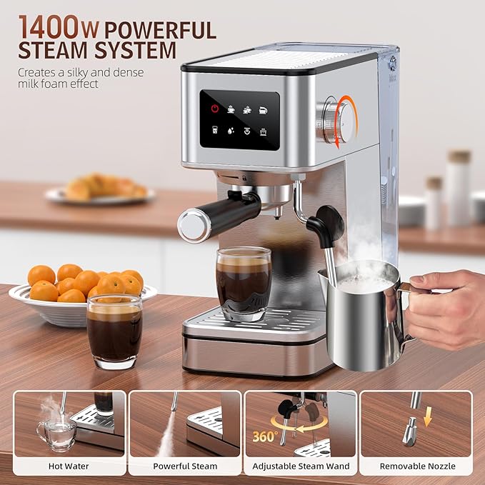 Espresso Machine with Milk Frother, 20 Bar Compact Coffee Machine with Touch Screen & 57.5oz Removable Water Tank for Home, Stainless Steel Espresso Maker for Cappuccino, Latte, Silver(updated)