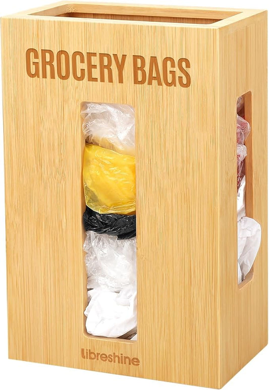 Extra Large Bamboo Grocery Bag Holder & Plastic Bag Organizer, Under Sink Cabinet or Wall Mounted Storage, Space-Saving Dispenser for Kitchen, Pantry, Garage, Laundry Room