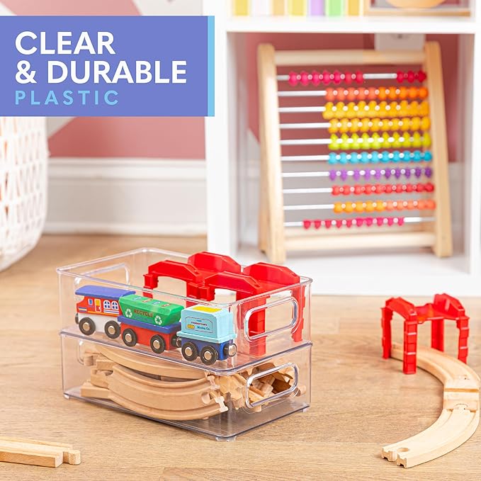 Plastic Food Storage 4 Pack Clear Container Bin with Handles for Organizing Kitchen, Pantry, Refrigerator, Freezer, Pantry, Cabinet, Closet, Bathroom. Stackable 10”x6”x3”