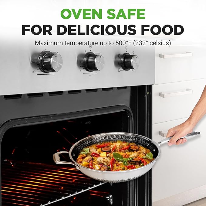 NutriChef 12" Stainless Steel Wok - Induction ready, Non Stick Tri-ply technology, Scratch-resistant Honeycomb Fire Textured Pattern