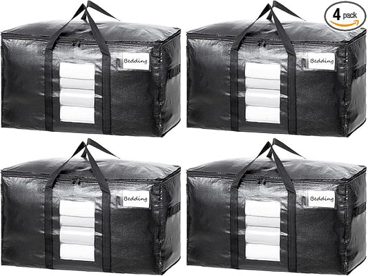 TAILI Extra Large Moving Bags, 4 Pack Black Heavy Duty Totes For Storage with Visible Window, Wrap Around Handles, Storage Bags for Space Saving, Alternative to Moving Boxes