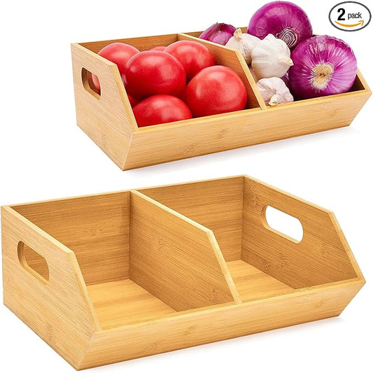 2 Set Bamboo Storage Bin, Pantry Organization and Storage Baskets, Kitchen Organization, Potato and Onion Storage Bin - Ideal for Pantry, Countertop, and Vegetable Storage