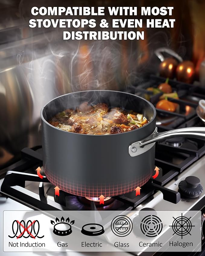 Cooks Standard 1-Quart Saucepan Hard Anodized Nonstick with Glass Lid, Cooking Sauce pot Milk Pan, Black