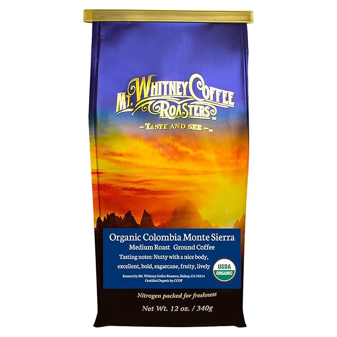 Mt. Whitney Colombia Monte Sierra Organic Single Origin, Medium Dark Roast, Smooth Full Flavored, Low Acid Coffee (Ground, 12 Oz)