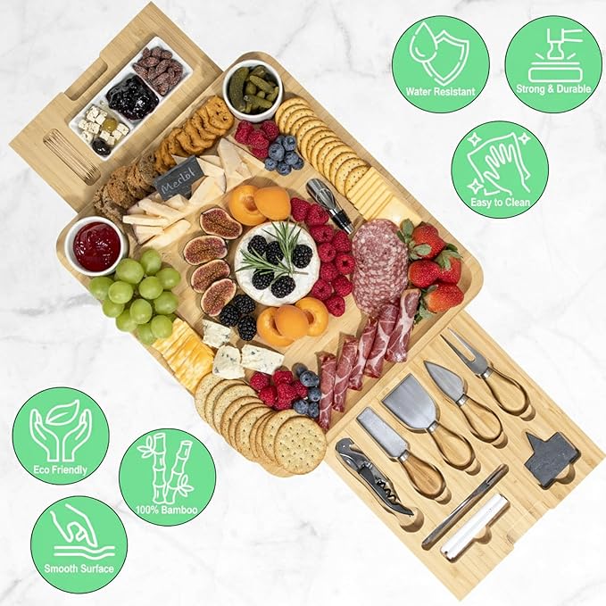 Bamboo Cheese Board and Knife Set with Wine Accessories – Large Charcuterie Board Gift Set with Bowls, Slate Labels & Utensils, Perfect for Christmas, Wedding, Housewarming & Entertaining