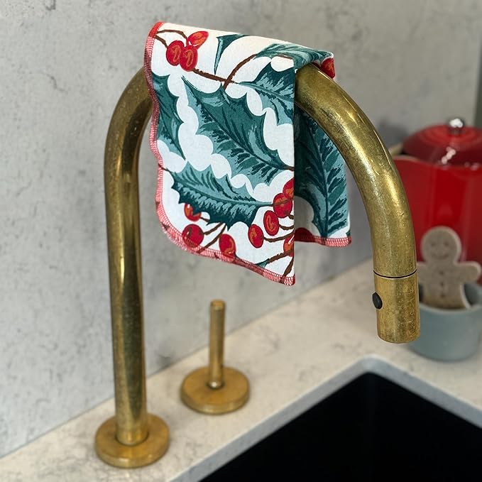 Reusable Paper Towels - 10 Pack - Roll of Washable Cotton Cloth Paper Towels - Paperless Reusable Napkins Cloth Washable - Absorbent + Long Lasting - Zero Waste Products - (Holly Jolly)