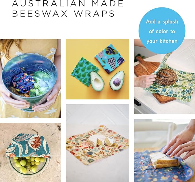Honeybee Beeswax Wraps - Kitchen Starter Pack - Certified Organic Cotton Beeswax Wrap - Reusable Beeswax Wraps for Food - Plastic Wrap & Sandwich Bags Alternative - 3 Pack - Small, Medium & Large