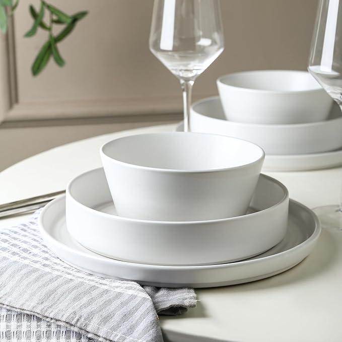 Stone Lain Elica 12-Piece Modern Dinnerware Set Stoneware, Plates and Bowl Sets for 4, White