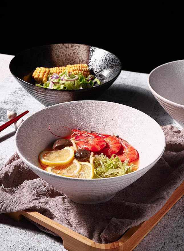Kanwone Ceramic Japanese Ramen Bowl Set, Noodle Soup Bowls - 60 Ounce, with Matching Spoons and Chopsticks for Udon Soba Pho Asian Noodles, Set of 2, White