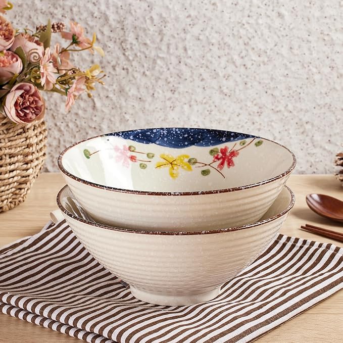 2 x 40 OZ ceramic ramen bowls, 8 IN large Japanese noodle soup bowl, match chopsticks and spoons, suitable for Pho, Udon Asian noodles (Colorful flowers 2 set)
