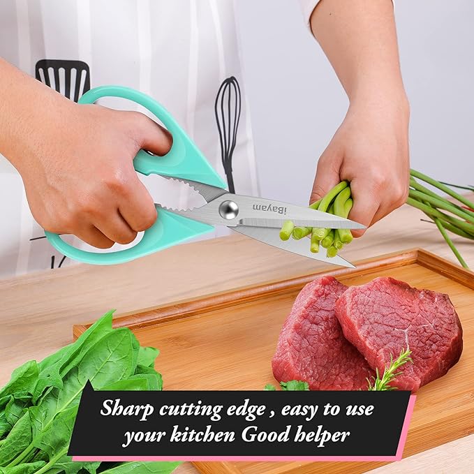 iBayam Kitchen Scissors - All Purpose Heavy Duty Meat Scissors, Poultry Shears, Dishwasher Safe, Stainless Steel, 2-Pack, Pastel Pink, Mint Blue