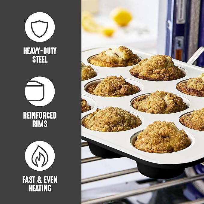 GreenLife 12-Cup Muffin Pan, Healthy Ceramic Nonstick Bakeware, PFOA & PFAS-Free Cupcake Sheet, Durable Baking Tray, Versatile Kitchen Essentials, Easy Clean Muffin Mold, Nonstick Baking Pan, Black