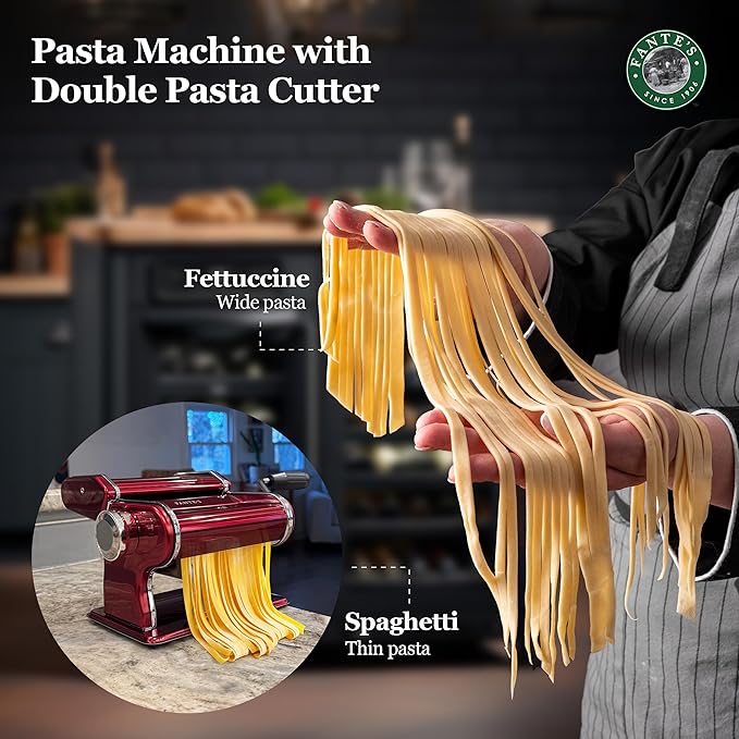 Fante's Red Pasta Machine With Double Pasta Cutter For Spaghetti And Fettuccine, For Rolling Uniform Pasta Sheets And Creating Consistent Homemade Noodles