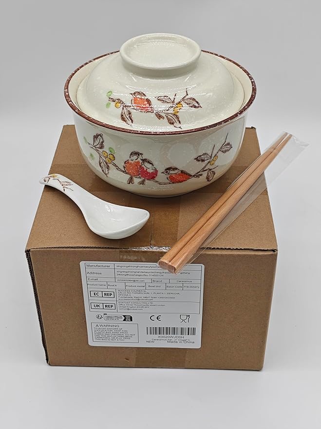 Ceramic Ramen Bowl Set, 800ml, with Lid, Spoon and Chopsticks, Japanese Vintage Large Soup Bowls Instant Noodle Bowl Asian Tableware (Bird*1)