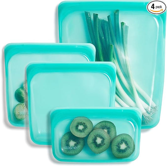 Stasher Premium Silicone Reusable Food Storage Bags, 4-Pack, Aqua, Multi-Use Food Storage Bags, Lunch Bag, Travel Containers, BPA Free, Leak-free, Dishwasher-Safe, Eco-friendly