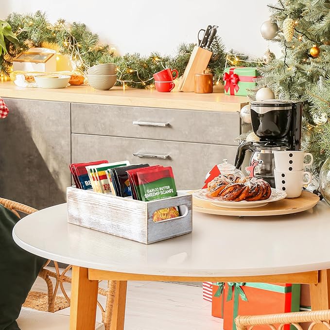 DRASTAR Pantry Organization and Storage Bins, Wooden Seasoning Packet Organizer with Removable Dividers, Retro White Storage Caddy for Kitchen, Pantry, Cabinet, Countertop