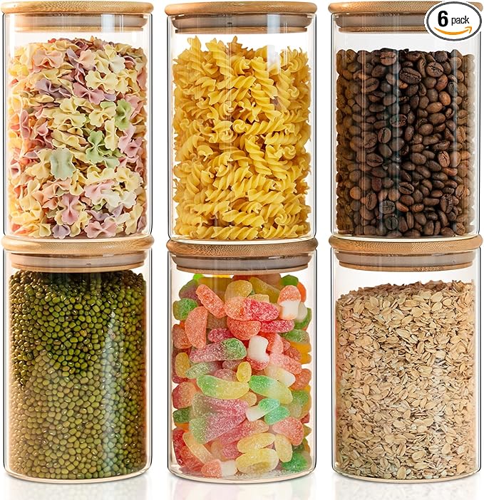 50oz Glass Food Storage Jars Set of 6,Glass Storage Containers Clear Glass Food Canister with Bamboo Lid Airtight For Serving Tea, Coffee, Flour, Sugar, Candy, Cookie, Spice and More (Round)