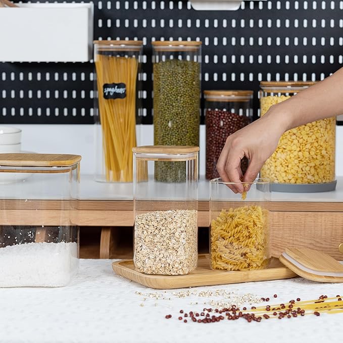 52oz Airtight Glass Square Storage Canister with Bamboo Lid Set of 3 (1550ml) Container Stackable Spice Jar, Kitchen Canister for Flour, Cookies, Cereal and Coffee beans (‎with Black Lable)