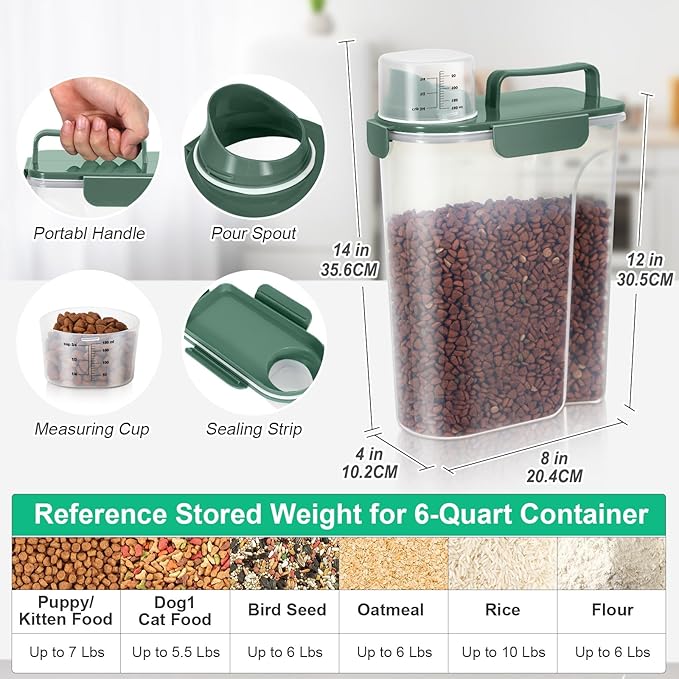 TBMax Cat Dog Food Storage Container 5 to 7 lbs, Secondary Pet Food Storage Container Beyond a Large Dog Food Bin for Daily Use, Easy-Pouring Bird Seed Dispenser, Travel Kibble Holder -Bottle Green