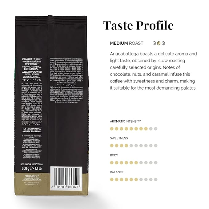 Caffe Vergnano 1882 Antica Bottega Whole Bean Arabica Medium Roast Espresso, 1.1 lbs Bag - Italian Coffee Beans with notes of Chocolate, Nuts & Caramel, Intensity 5/10-500g Bag (6 Pack)