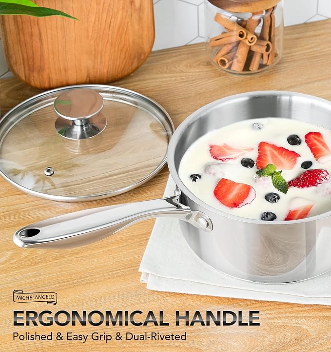 MICHELANGELO 1.5 Quart Saucepan with Lid, Triply Thick Bottom Sauce Pan Stainless Steel Saucepan 1.5 QT, Nonstick Sauce Pot, Induction Compatible
