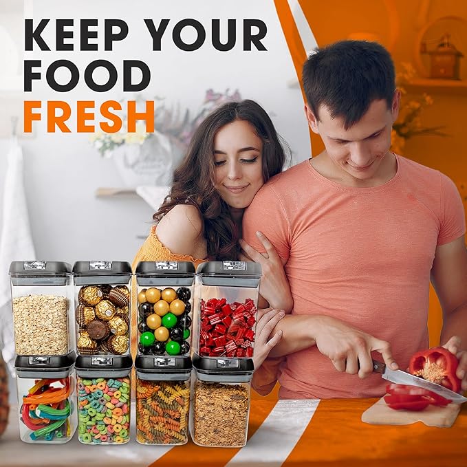 Cheer Collection Airtight Food Storage Containers, Kitchen Storage Containers for Pantry, Set of 8 Food Containers with Lids Airtight, Pantry Storage Containers & Organizers with Lids, Black