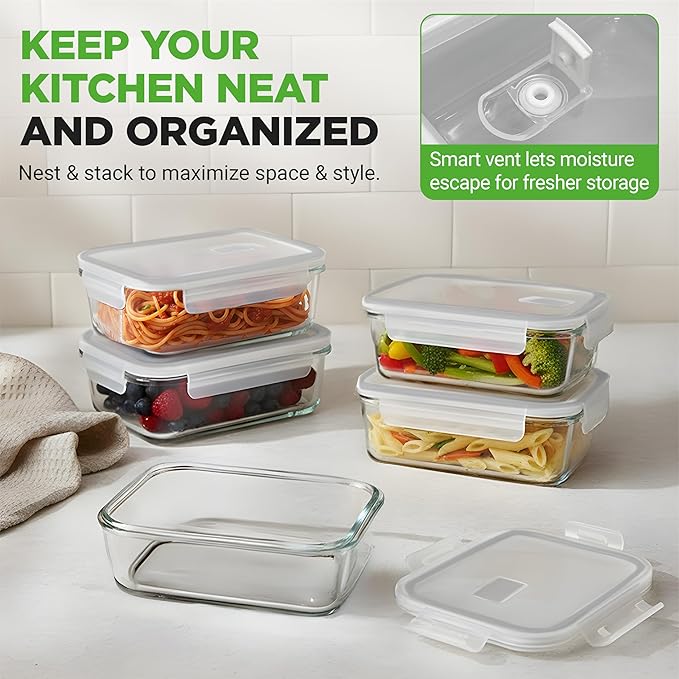 NutriChef 10-Piece Superior Glass Food Storage Containers Set (5 Containers + 5 Locking Lids),Stackable Meal-prep Design, BPA-free Airtight Clear Locking lids with Vent Lids & Air Hole, Gray