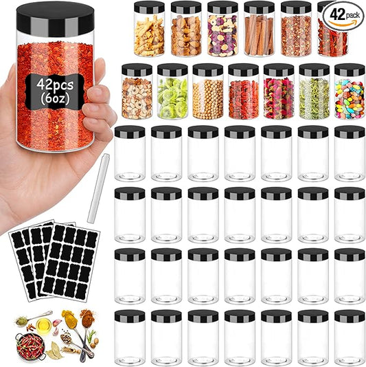 Plastic Jars with Lids 6OZ 42PCS Small Empty Slime Cosmetics Containers Clear Gift Food Jars Round PET Cream Jars with Black Lids Pen Labels for Kitchen Storage Spices Dry Food Body Butter