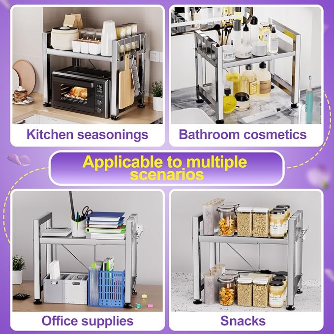 Extendable Microwave Oven Rack, Microwave Shelf Adjustable Over Microwave Stand Countertop 2-Tier Stainless Steel Organizing Rack with 4 Hooks for Kitchen Utensils Tableware Storage