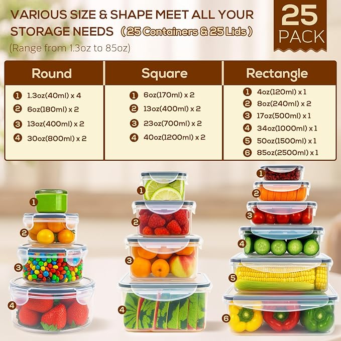 50 PCS Food Storage Containers with Lids, Clear Stackable Airtight Leakproof Reusable Plastic Meal Prep Container Set for Kitchen Storage/Lunch, Fridge/Microwave Safe with Labels&Pen