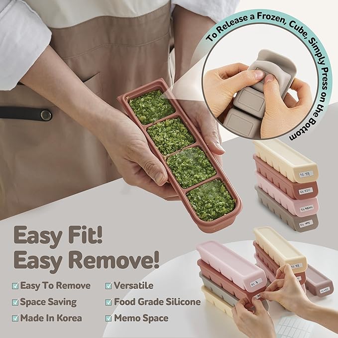 Silicone Freezer Trays with Lid,1.7oz 4 Section - Leak Proof Silicone Freezer molds for Homemade Baby Food Breastmilk, Purees, Vegetables, Baby Food Jars Ice Tray with Lid BPA Free Mix Beige