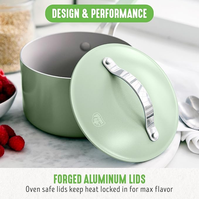GreenLife 2 Quart Nonstick Saucepan with Lid, Lightweight Healthy PFAS-Free Milk Pan, Dishwasher & Oven Safe Soup Pan, Durable Body, Silicone Stay-Cool Handle, Easy Release Chef’s Pan, Sage Green