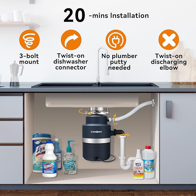 Garbage Disposal 1HP, Food Waste Disposal Continuous Feed, Garbage Disposal with Power Cord,Navy Blue…