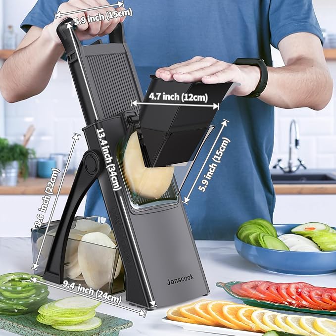 All-in-1 Update Safe Mandoline Slicer for Kitchen, Food Chopper with Container, Thickness Adjustable Vegetable Chopper, Potato French Fry Cutter Tomato Apple Slicer Onion (BlackKnight)