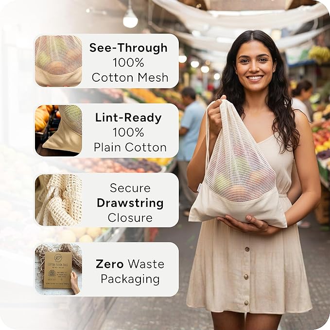 LEAFICO Reusable Produce Bags – 100% Cotton Mesh & Solid Hybrid (XL 14x18 inch 6 Pcs) – Extra Large Bags for Potatoes, Laundry, Toys, Bulk Storage – Washable, Plastic-Free, Breathable, Zero Waste