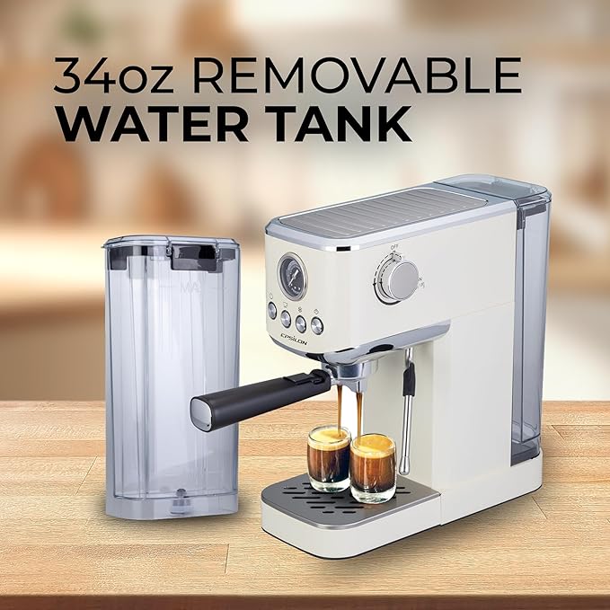 Epsilon Coffee Machine with Milk Frother, Compact 20-Bar Espresso Maker, Hot and Iced Coffee Maker with Removable Water Tank, Cold Brew Feature, and Steam Wand, 1.2L Capacity - Stainless Steel