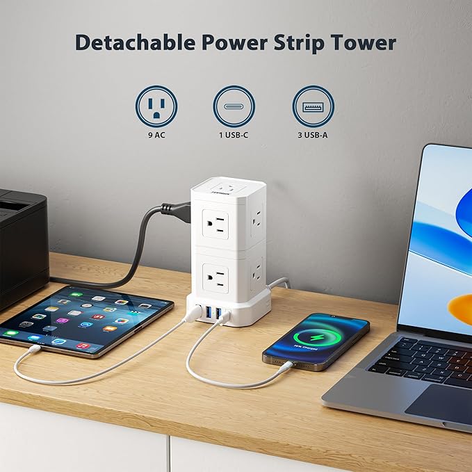 Power Strip with USB, TOPREK Power Strip Tower with 9 AC, 1 USB-C, 3 USB-A, Convertible Outlet Extender & Desk Charging Block with 6.5 FT Flat Plug Extension Cord for Home Office, Kitchen 1625W/13A