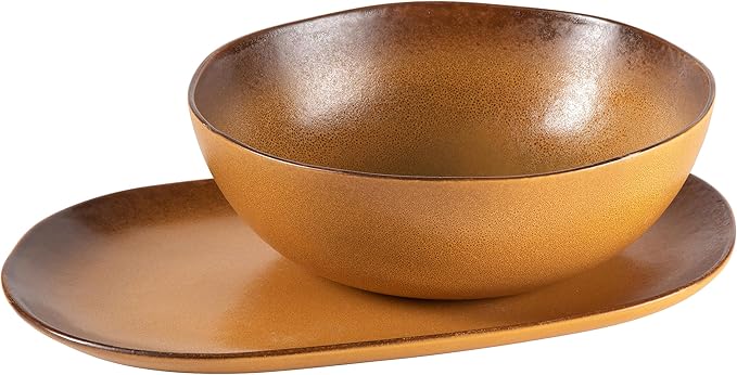 Bloomhouse Palermo Sun 2 Piece Serving Bowl and Oval Platter Stoneware Reactive Glaze Serveware Set - Turmeric Yellow
