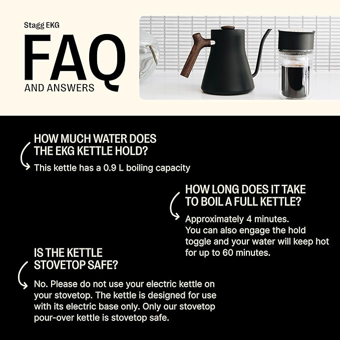 Fellow Stagg EKG Electric Gooseneck Kettle - Pour-Over Coffee and Tea Kettle - Stainless Steel Water Boiler - Quick Heating for Boiling Water - Matte Black With Walnut Handle