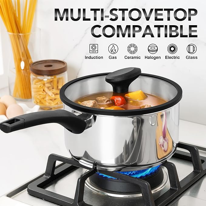 MICHELANGELO Stainless Steel Saucepan with Lid 1QT & 2QT & 3QT, Triply Stainless Steel Saucepans with Bakelite Handle, Premium Nonstick Sauce Pot Set for Kitchen Cooking, Induction Compatible