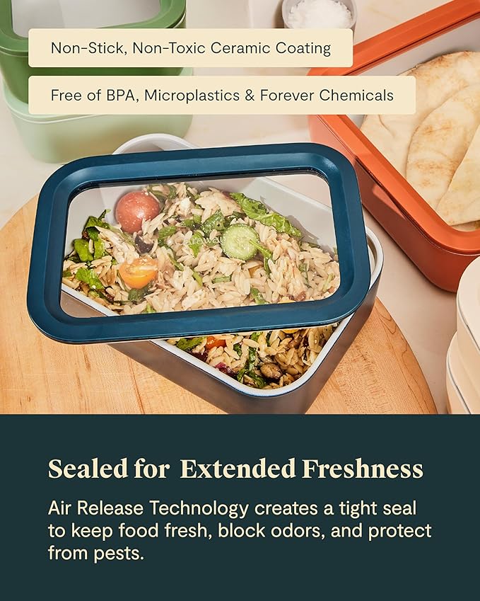 Caraway 6pc Glass Food Storage Set – 6.6 Cup Food Containers (6) - Ceramic Coated - Non Toxic, Non Stick with Lids - Microwave Safe - Gray