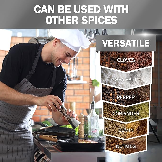 Home EC Original Stainless Steel Sea Salt and Pepper Grinder Set of 4 - Adjustable Ceramic - Tall Glass Salt and Pepper Shakers Mills - Modern Kitchen Spice Mill W/Funnel & EBook