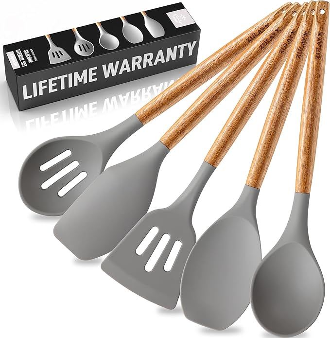 Zulay Kitchen Utensils Set Non-Stick Silicone Cooking Utensils Set with Authentic Acacia Wood Handles - 5 Piece Silicone Utensil Set - Kitchen Utensils Set with 464°F Heat Resistance - Gray
