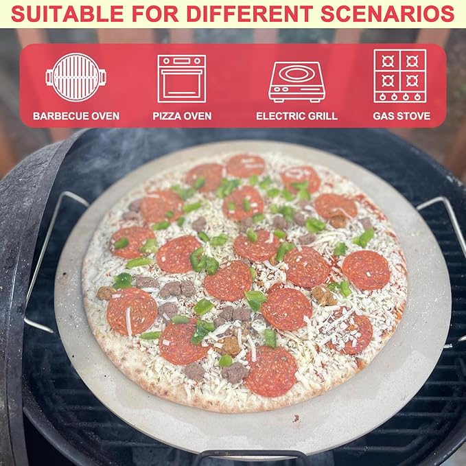 "DcYourHome 12 inch Round Pizza Stone with Rack for Oven, BBQ Grilling, Natural Cordierite Pizza Stone Kit with Pizza Peel & Plastic Scraper for Baking Bread, Universal High Temperature Baking Stone"