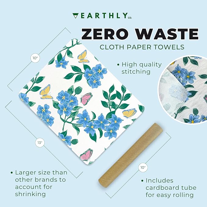 Reusable Paper Towels - 10 Pack - Roll of Washable Cotton Cloth Paper Towels - Paperless Reusable Napkins Cloth Washable - Absorbent + Long Lasting - Zero Waste Products - (Periwinkle)