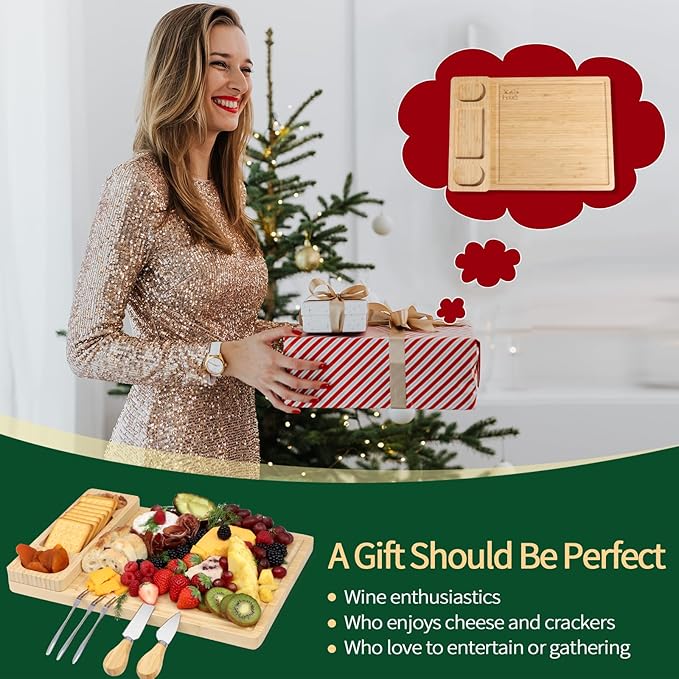 Premium Bamboo Charcuterie/Cheese Board Set – Wooden Serving Tray with Hidden Knife Storage – Cheese Knives & Forks - Perfect Bridal Shower, Housewarming, Anniversary, Mother's Day Gifts