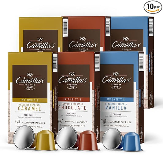 Camilla’s Heritage - Intensity 8 Flavored Espresso Coffee Variety Pack (Gourmet Chocolate, Vanilla & Caramel Espresso Cups) 60 Coffee Pods